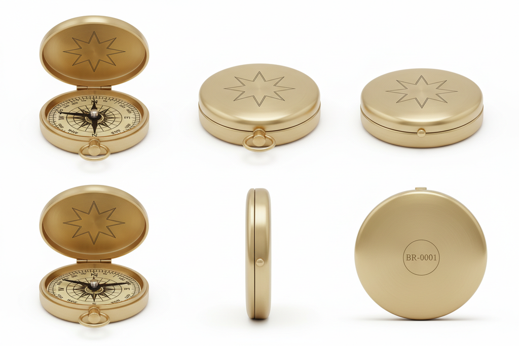 “Create high-resolution e-commerce images of SKU BR-0001, a Vintage Brass Pocket Compass, on a pure white background (#FFFFFF). Show multiple realistic product angles, including open lid, closed lid, front, side, back, and 45-degree angle.
The brass should look polished with slight antique patina, accurate reflective behavior, real hinge construction, engraved dial markings, and a floating needle.
Shadows should be soft and minimal, optimized for Shopify product listings. The item must appear manufacturable