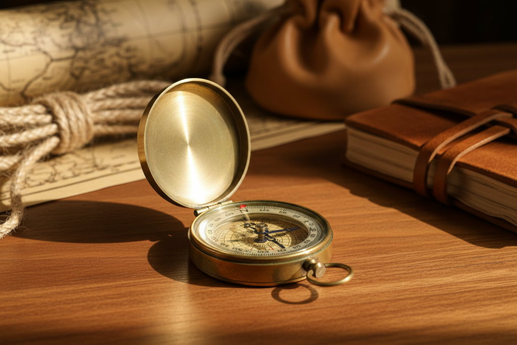 Create premium lifestyle images for SKU BR-0001, a Vintage Brass Pocket Compass, placed on an explorer-style wooden desk surface. Include soft natural lighting, subtle shadows, and warm tones.
Optional background props: old map, rope, notebook, leather pouch — all realistic and historically consistent.
Show the compass open and closed, at natural angles, with accurate brass reflections, engraved markings, and a floating needle. The compass must remain manufacturable with no fantasy elements.