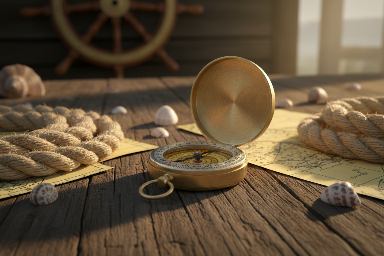 Generate realistic lifestyle images of SKU BR-0001, a Vintage Brass Pocket Compass, styled in a nautical theme.
Place the compass on a textured wooden surface with subtle elements like rope, anchor, ship wheel blur, seashells, or an old nautical chart.
Lighting should be warm and directional, simulating natural coastal light.
Show the compass in open and closed positions with real-world brass texture, engraved dial, and shadowing suitable for catalog presentation. Avoid fantasy symbols or unrealistic shine