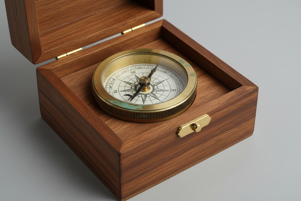 Generate ultra-realistic images of SKU BR-0002, a Premium Brass Directional Compass, displayed with a dark sheesham wooden storage box with a brass clasp.
Show:
• Compass inside the open box
• Compass beside closed box
• Top-down flat lay
• 45-degree angle product shot
Use manufacturable brass textures, correct compass mechanics, and realistic shadows. No engraving or branding on the compass or box.